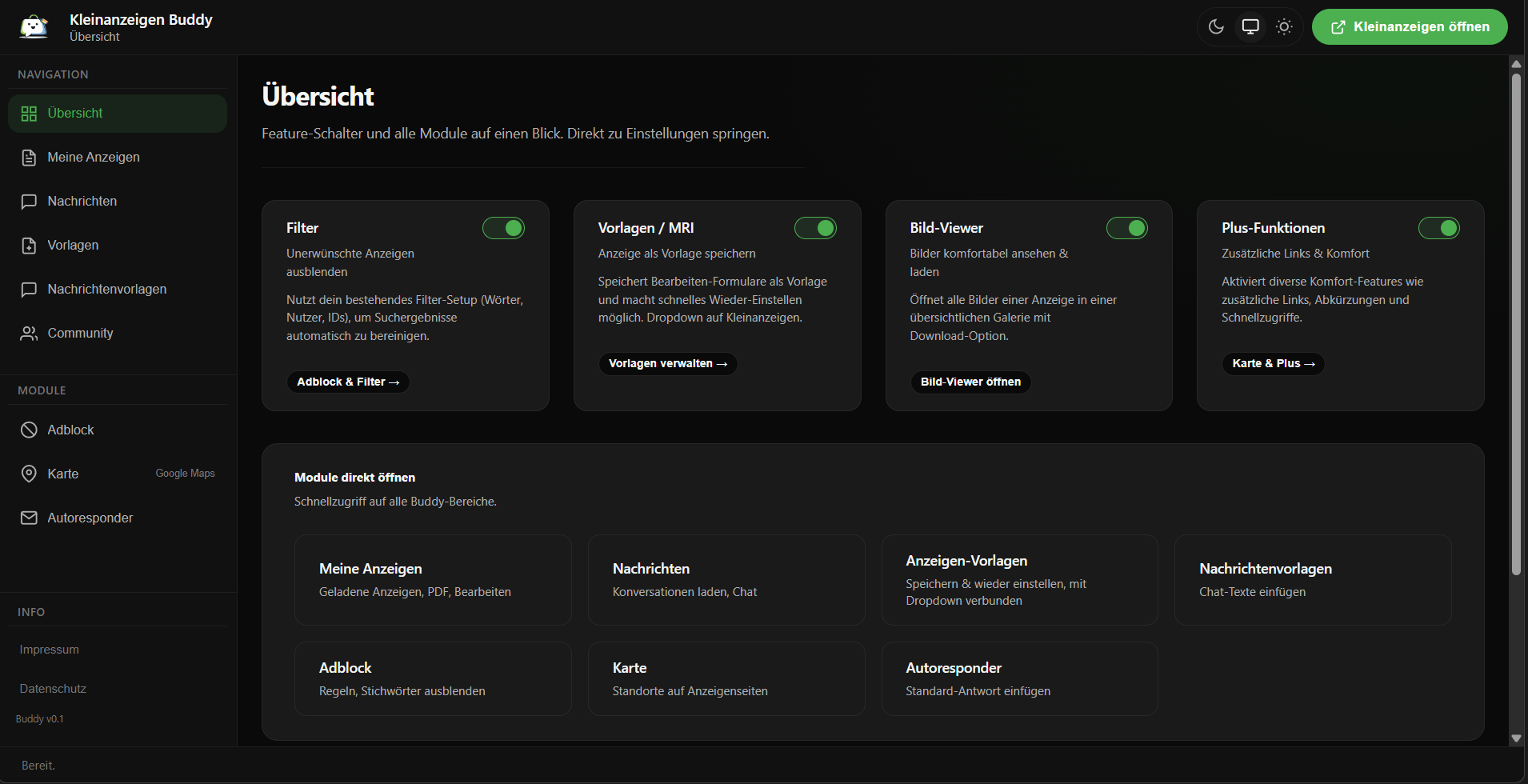 Kleinanzeigen Buddy – Dashboard mit Übersicht, Modulen und Feature-Schaltern